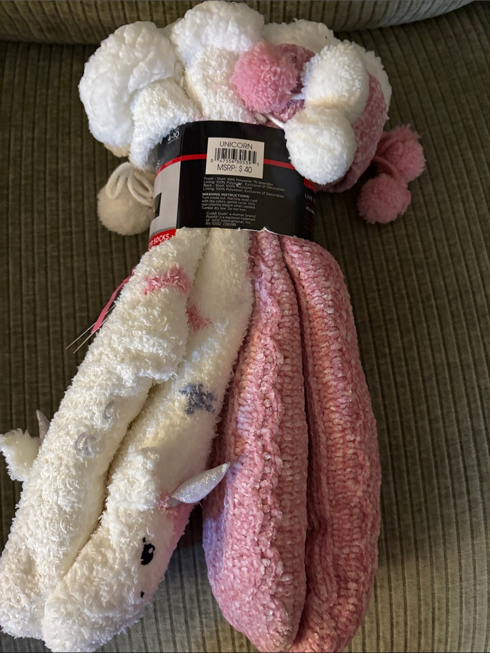 NWT Cuddl Duds White & Pink Unicorn Sherpa-Lined Critter Socks Sz: 4-10
